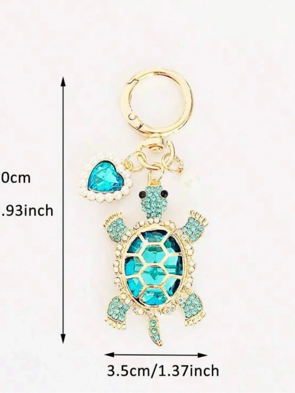 Source Unknown Gold-Tone Turtle Keychain with Blue Crystals and Pearl Heart